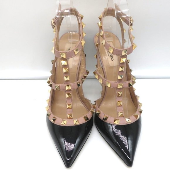 VALENTINO ROCKSTUD CAGED SLINGBACK PUMPS BLACK PATENT & POUDRE LEATHER SIZE 39 - Picture 3 of 12